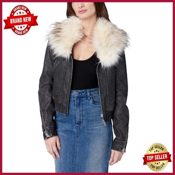 Jackets & Blazers - Mediumweight Vegan Leather Bomber Jacket with Faux Fur Collar